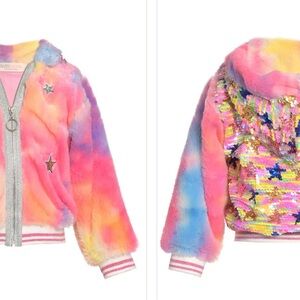 Baby Sara Jacket Faux Fur Star Sequins Colorful Girls 5 Zip Hoodie Cozy Rainbow
